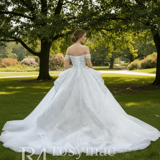 Luxury Ball Gown Puffy Skirt Wedding Dress with Off the Shoulder - Rosymae