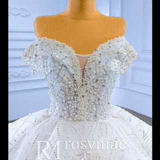 Luxury Ball Gown Puffy Skirt Wedding Dress with Off the Shoulder - Rosymae