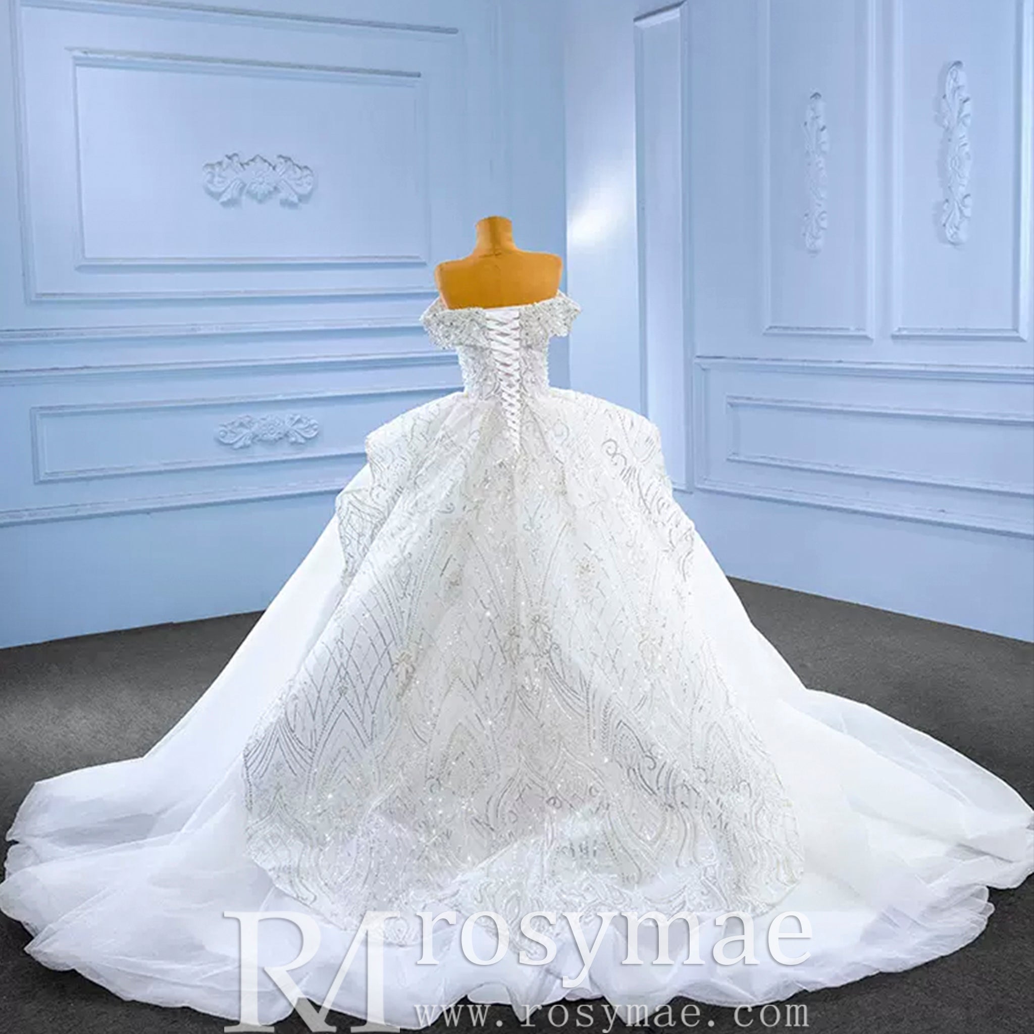 Luxury Ball Gown Puffy Skirt Wedding Dress with Off the Shoulder - Rosymae