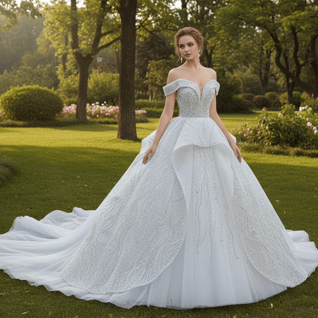 Luxury Ball Gown Puffy Skirt Wedding Dress with Off the Shoulder - Rosymae