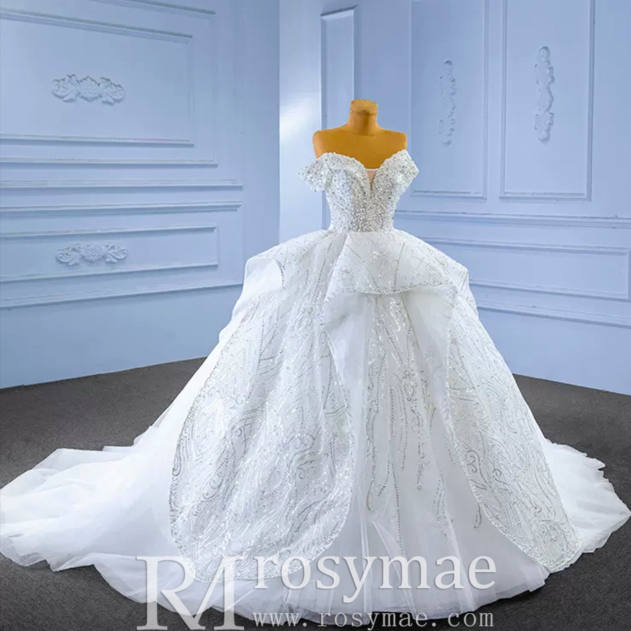 Luxury Ball Gown Puffy Skirt Wedding Dress with Off the Shoulder - Rosymae