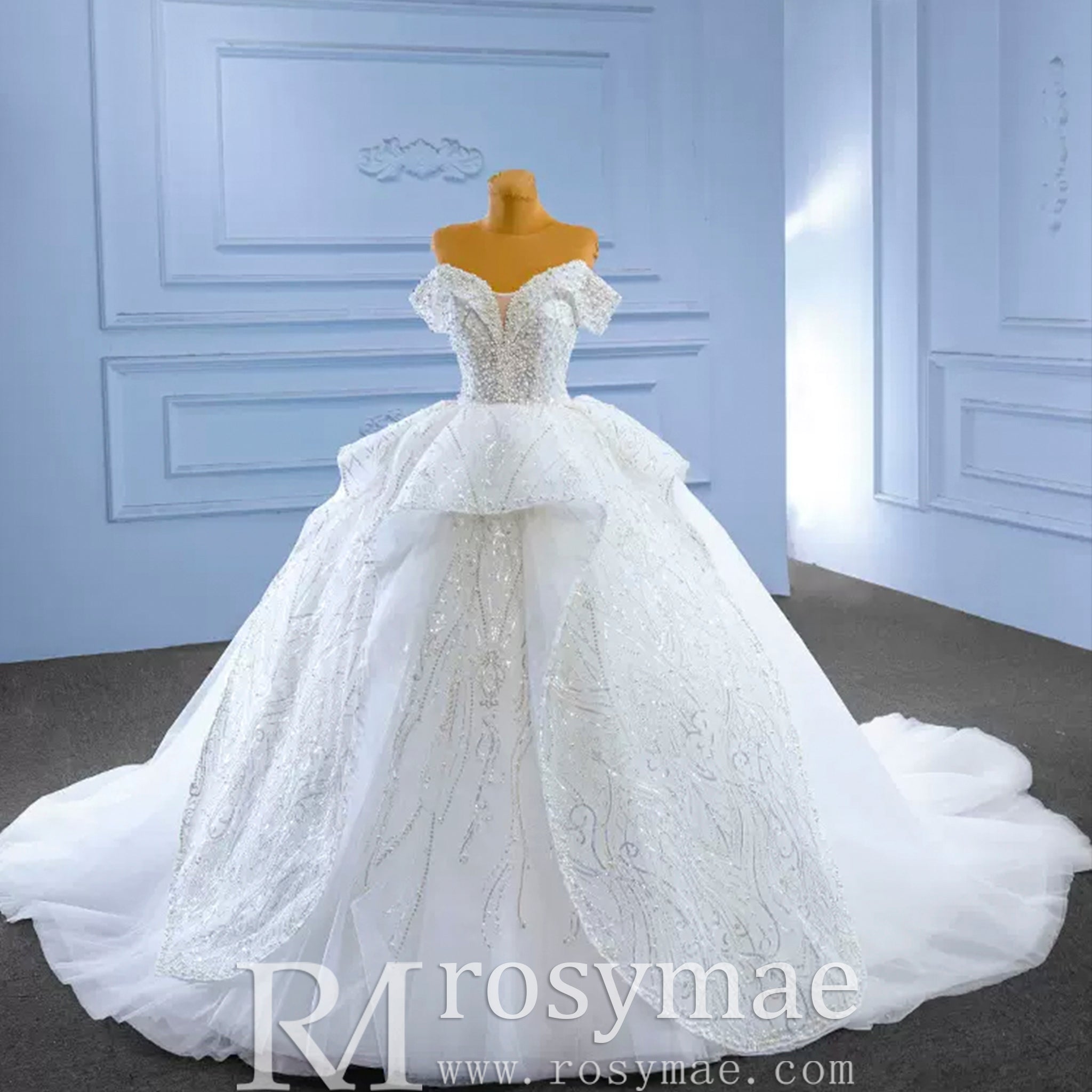 Luxury Ball Gown Puffy Skirt Wedding Dress with Off the Shoulder - Rosymae