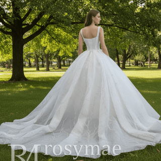 Luxury Beaded Ball Gown Queen-ann Wedding Dress with Wide Strap - Rosymae
