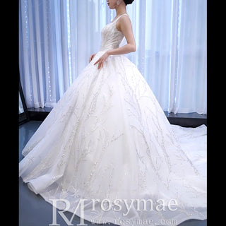 Luxury Beaded Ball Gown Queen-ann Wedding Dress with Wide Strap - Rosymae