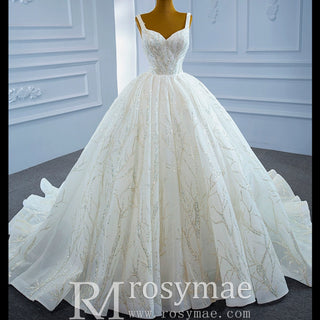 Luxury Beaded Ball Gown Queen-ann Wedding Dress with Wide Strap - Rosymae