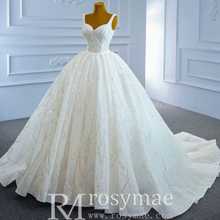 Luxury Beaded Ball Gown Queen-ann Wedding Dress with Wide Strap - Rosymae