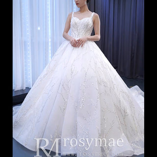 Luxury Beaded Ball Gown Queen-ann Wedding Dress with Wide Strap - Rosymae