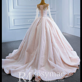 Luxury Beaded Blush Ball Gown Wedding Dress with Long Sleeves - Rosymae