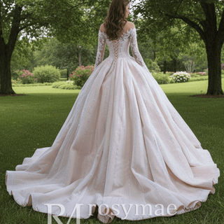 Luxury Beaded Blush Ball Gown Wedding Dress with Long Sleeves - Rosymae