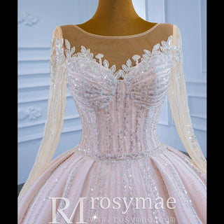 Luxury Beaded Blush Ball Gown Wedding Dress with Long Sleeves - Rosymae