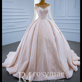 Luxury Beaded Blush Ball Gown Wedding Dress with Long Sleeves - Rosymae