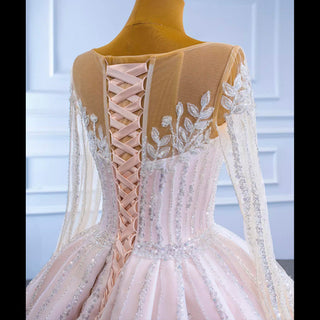 Luxury Beaded Blush Ball Gown Wedding Dress with Long Sleeves - Rosymae