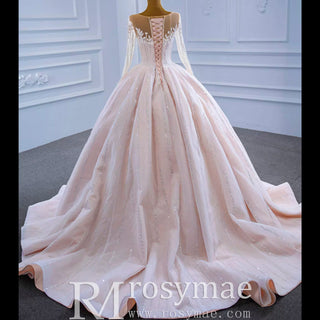 Luxury Beaded Blush Ball Gown Wedding Dress with Long Sleeves - Rosymae
