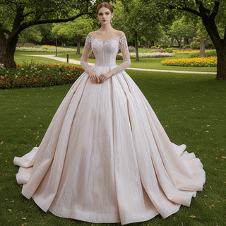 Luxury Beaded Blush Ball Gown Wedding Dress with Long Sleeves - Rosymae