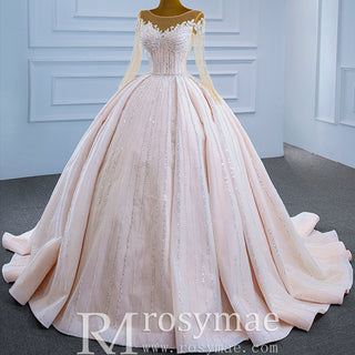 Luxury Beaded Blush Ball Gown Wedding Dress with Long Sleeves - Rosymae