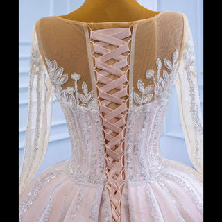 Luxury Beaded Blush Ball Gown Wedding Dress with Long Sleeves - Rosymae