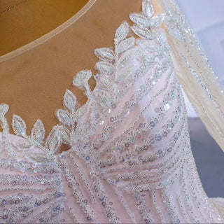 Luxury Beaded Blush Ball Gown Wedding Dress with Long Sleeves - Rosymae