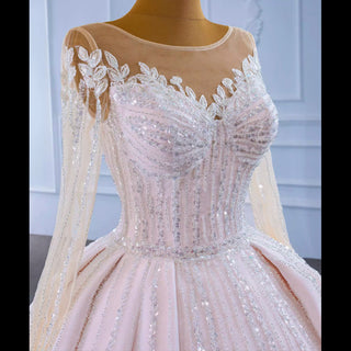 Luxury Beaded Blush Ball Gown Wedding Dress with Long Sleeves - Rosymae