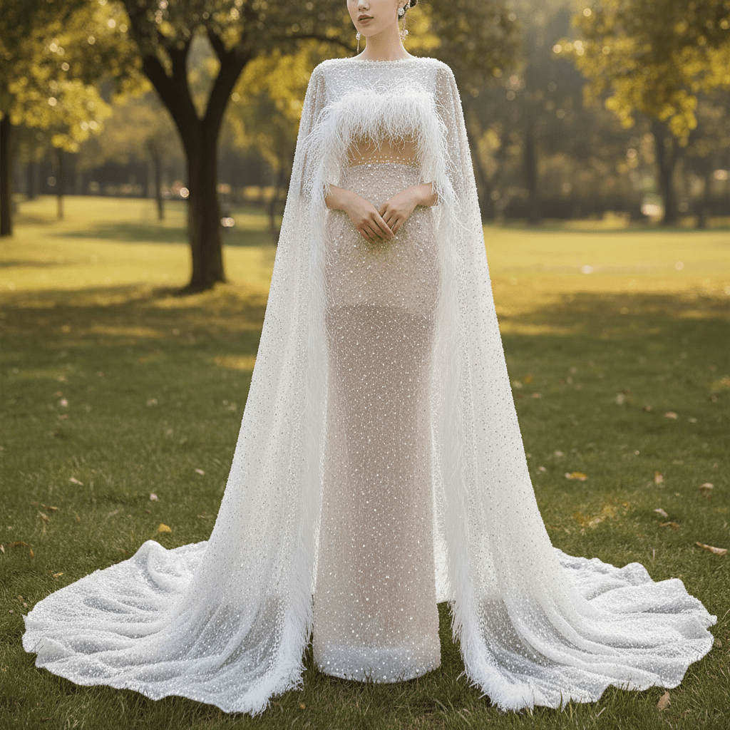 Luxury Beaded Cape Sleeve Sheath Wedding Dress with Feather White / 26W