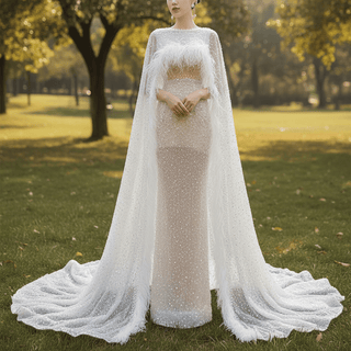 Luxury Beaded Cape Sleeve Sheath Wedding Dress with Feather - Rosymae