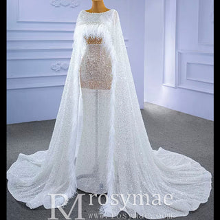 Luxury Beaded Cape Sleeve Sheath Wedding Dress with Feather - Rosymae