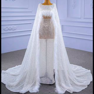 Luxury Beaded Cape Sleeve Sheath Wedding Dress with Feather - Rosymae