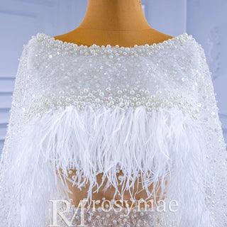 Luxury Beaded Cape Sleeve Sheath Wedding Dress with Feather - Rosymae
