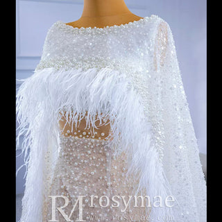 Luxury Beaded Cape Sleeve Sheath Wedding Dress with Feather - Rosymae