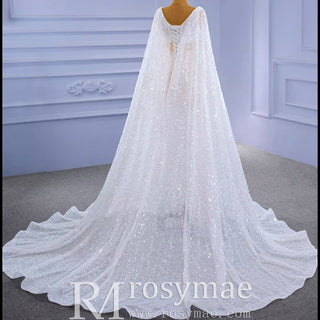 Luxury Beaded Cape Sleeve Sheath Wedding Dress with Feather - Rosymae