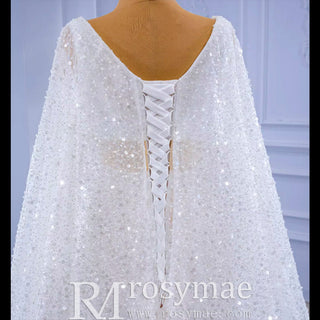 Luxury Beaded Cape Sleeve Sheath Wedding Dress with Feather - Rosymae