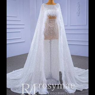 Luxury Beaded Cape Sleeve Sheath Wedding Dress with Feather - Rosymae