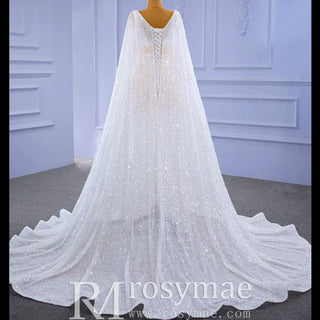 Luxury Beaded Cape Sleeve Sheath Wedding Dress with Feather - Rosymae