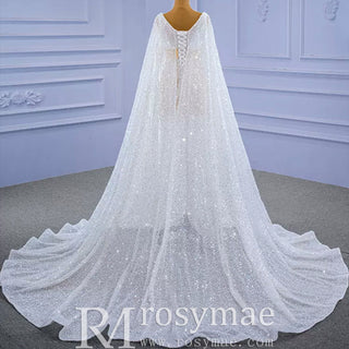 Luxury Beaded Cape Sleeve Sheath Wedding Dress with Feather - Rosymae