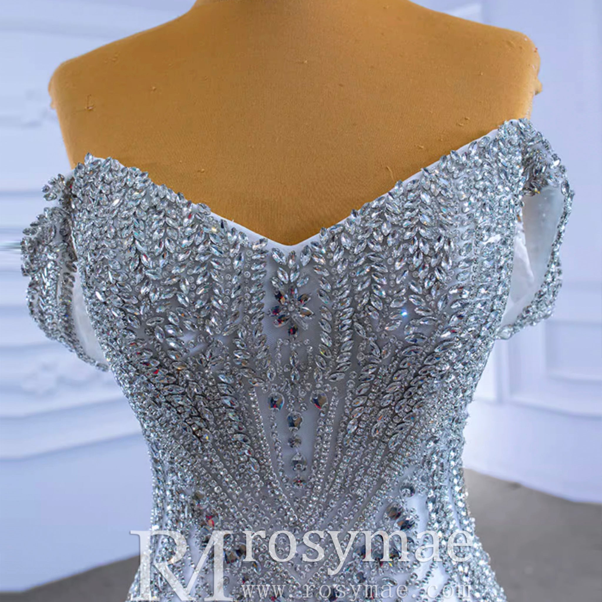 Luxury Beaded Lace Mermaid Wedding Dress with Off the Shoulder - Rosymae