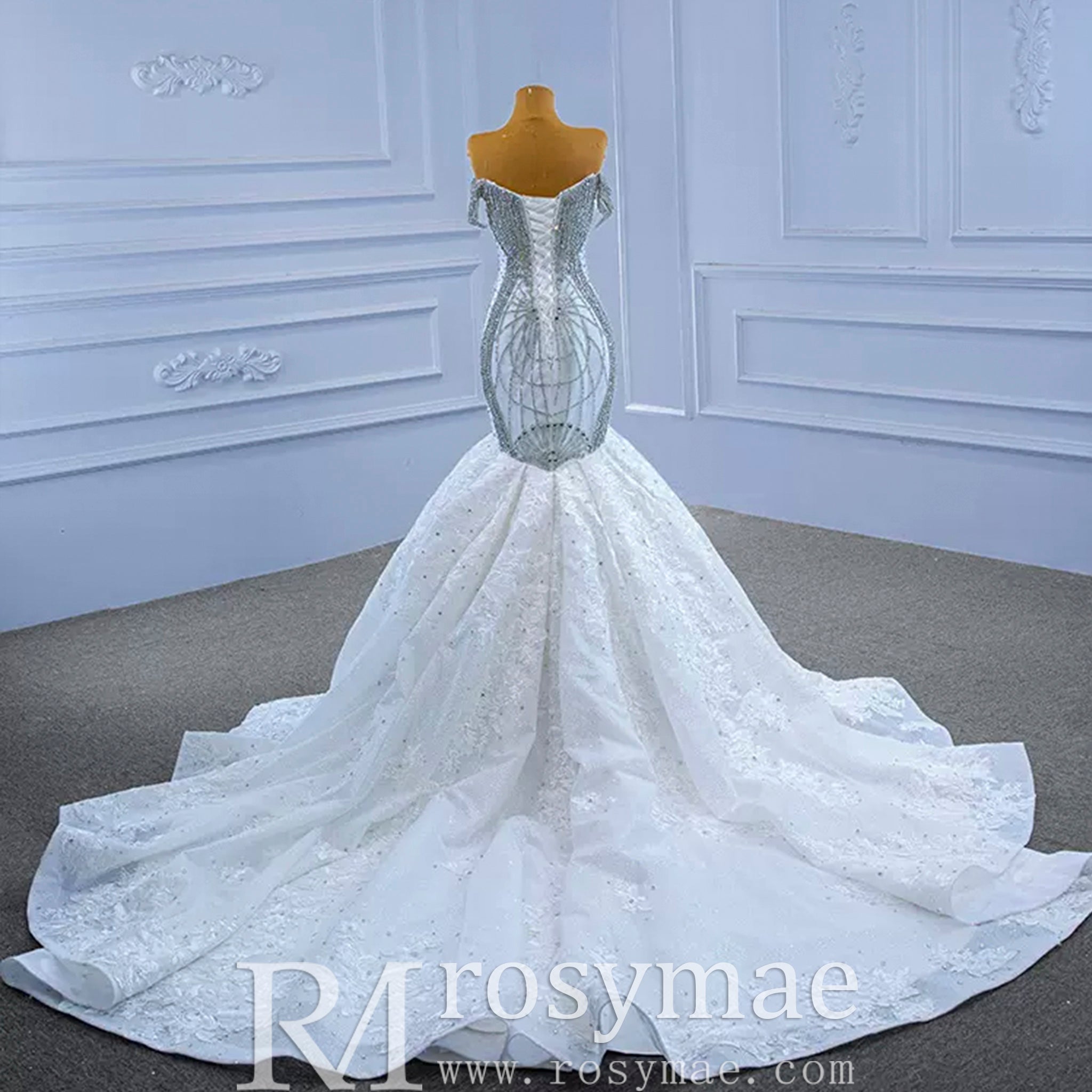 Luxury Beaded Lace Mermaid Wedding Dress with Off the Shoulder - Rosymae
