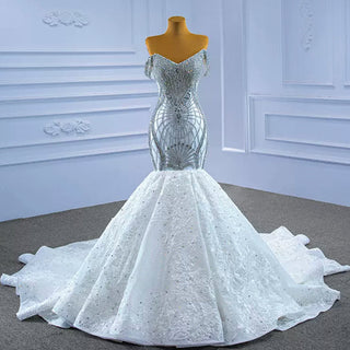 Luxury Beaded Lace Mermaid Wedding Dress with Off the Shoulder - Rosymae