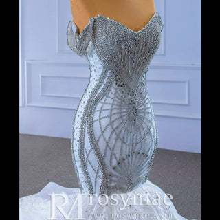 Luxury Beaded Lace Mermaid Wedding Dress with Off the Shoulder - Rosymae