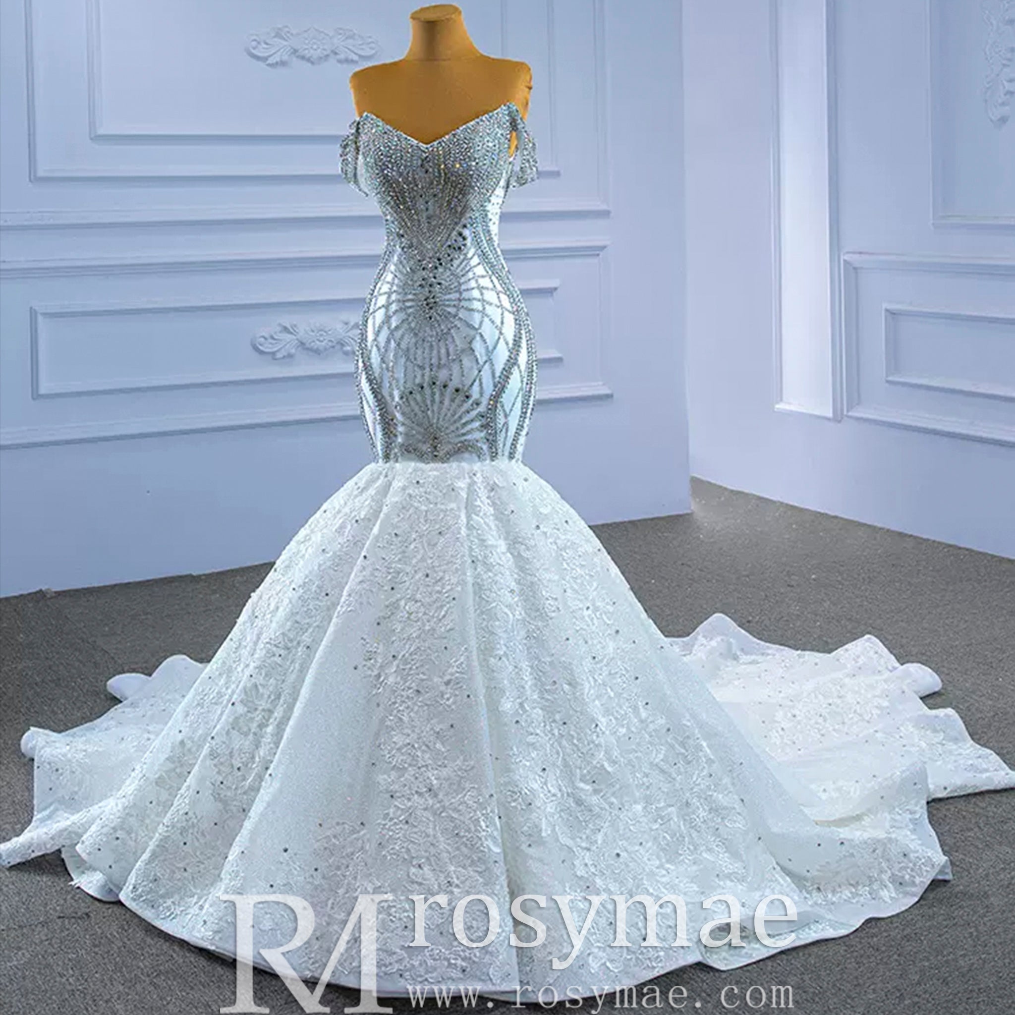 Luxury Beaded Lace Mermaid Wedding Dress with Off the Shoulder - Rosymae