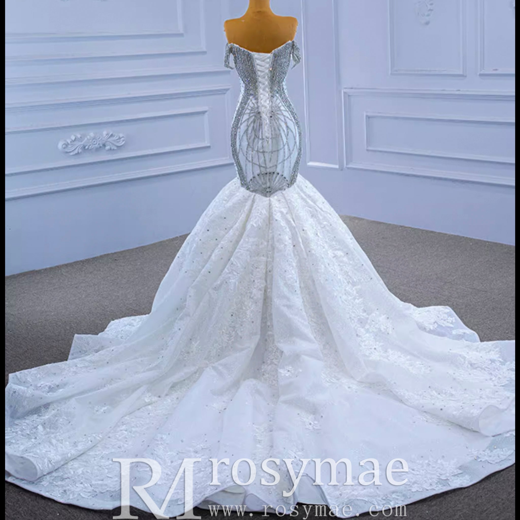 Luxury Beaded Lace Mermaid Wedding Dress with Off the Shoulder - Rosymae