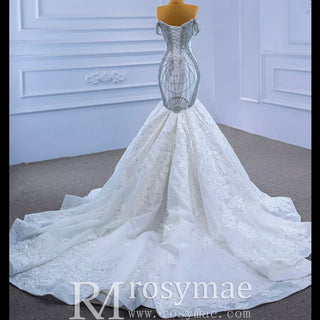 Luxury Beaded Lace Mermaid Wedding Dress with Off the Shoulder - Rosymae