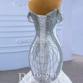 Luxury Beaded Lace Mermaid Wedding Dress with Off the Shoulder - Rosymae