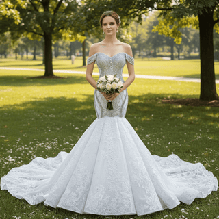 Luxury Beaded Lace Mermaid Wedding Dress with Off the Shoulder - Rosymae