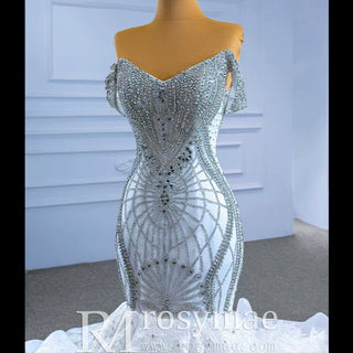Luxury Beaded Lace Mermaid Wedding Dress with Off the Shoulder - Rosymae