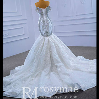 Luxury Beaded Lace Mermaid Wedding Dress with Off the Shoulder - Rosymae