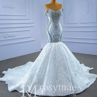 Luxury Beaded Lace Mermaid Wedding Dress with Off the Shoulder - Rosymae