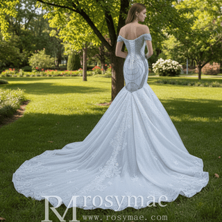 Luxury Beaded Lace Mermaid Wedding Dress with Off the Shoulder - Rosymae