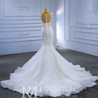 Luxury Beaded Mermaid Sheer Bodice Wedding Dress - Rosymae