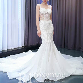 Luxury Beaded Mermaid Sheer Bodice Wedding Dress - Rosymae