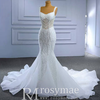 Luxury Beaded Mermaid Sheer Bodice Wedding Dress - Rosymae
