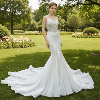 Luxury Beaded Mermaid Sheer Bodice Wedding Dress - Rosymae